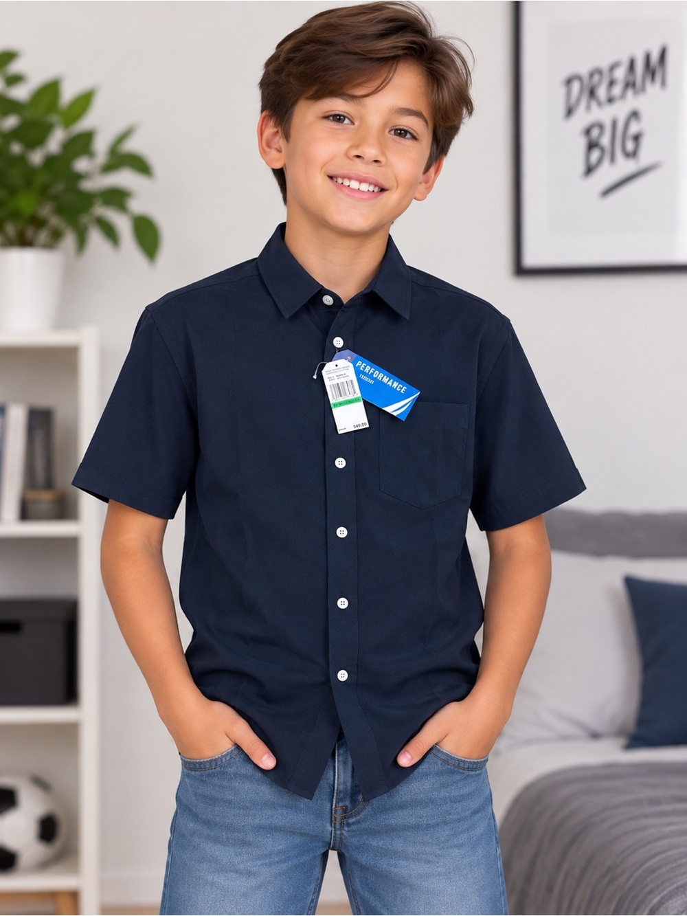 Boys Navy Short-Sleeve Performance Button-Up Shirt